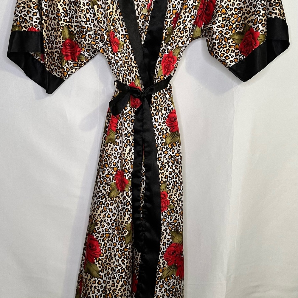 Glam Satin Leopard Print Robe with Red Roses Boudoir